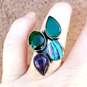 New Huge Multi Gemstone 925 Silver Statement Ring.